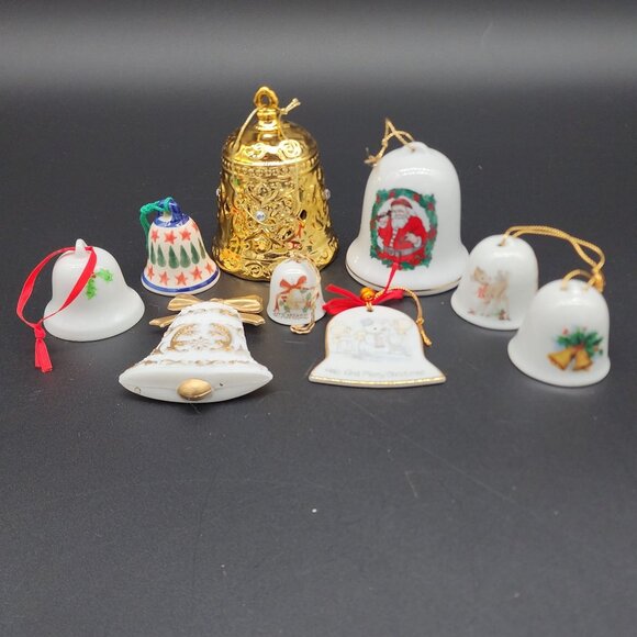 Vintage 9 Ceramic Hanging Bell Ornaments Gold White Deer Santa Precious Moments - Picture 1 of 8